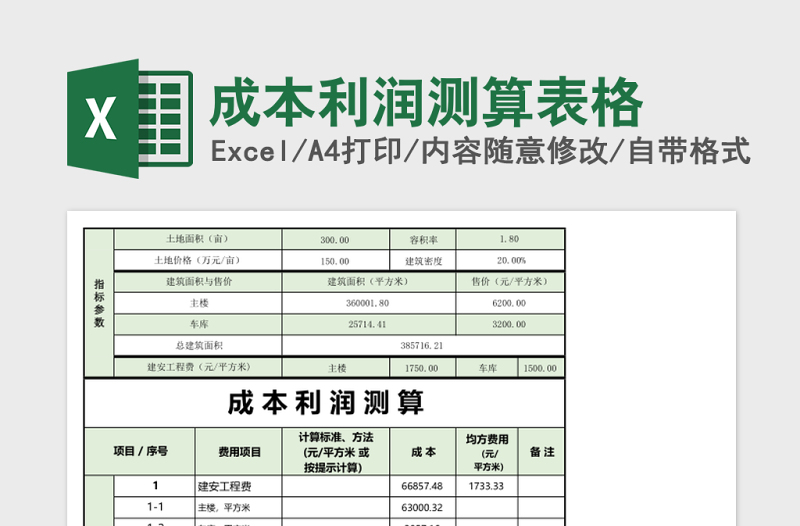 成本利润测算表格excel模板