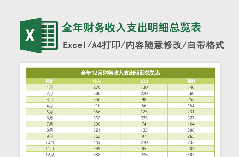 全年财务收入支出明细总览表excel模板