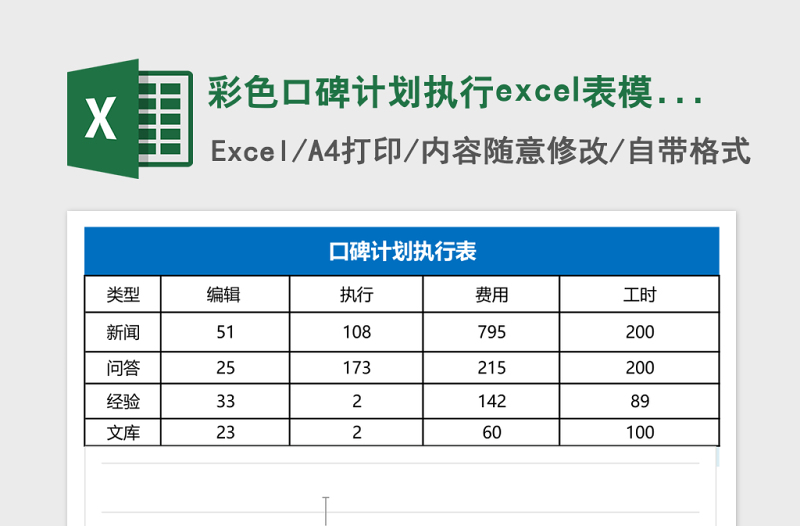 彩色口碑计划执行excel表模板