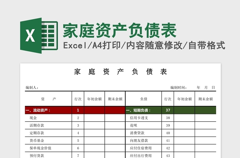 家庭资产负债表Excel