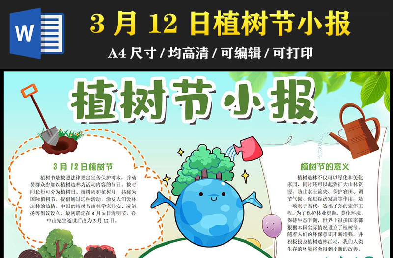2023植树节手抄报绿色清新3月12日植树节介绍电子小报模板