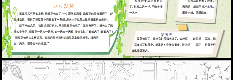 豆芽生长记手抄报卡通简洁小学生植物生长观察记录电子小报word模板