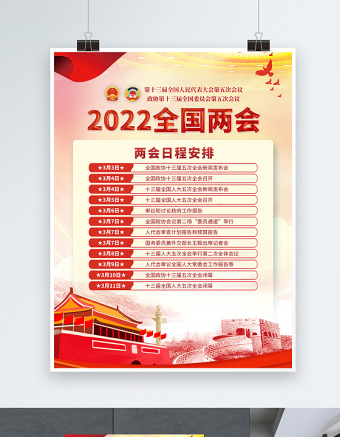 2022全国两会海报红色精美深入学习贯彻两会精神社区宣传设计海报模板