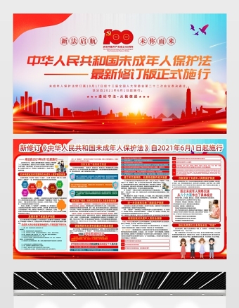 2021中华人民共和国未成年人保护法展板最新修订版正式试行宣传活动主题展板