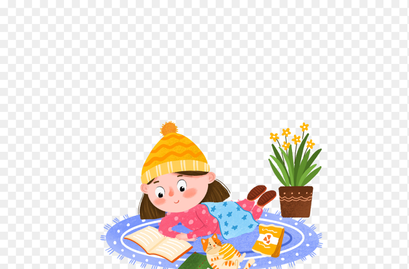 可爱创意插画趴着阅读的小女孩与猫咪