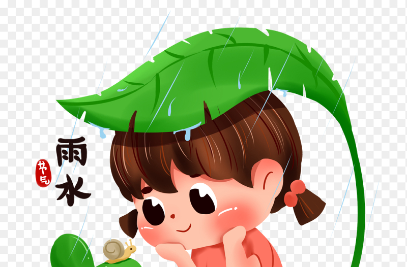 童趣卡通人物雨水观察蜗牛装饰中国传统二十四节气雨水素材免抠元素