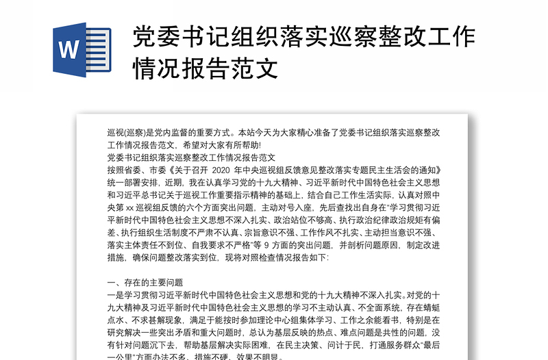 党委书记组织落实巡察整改工作情况报告范文