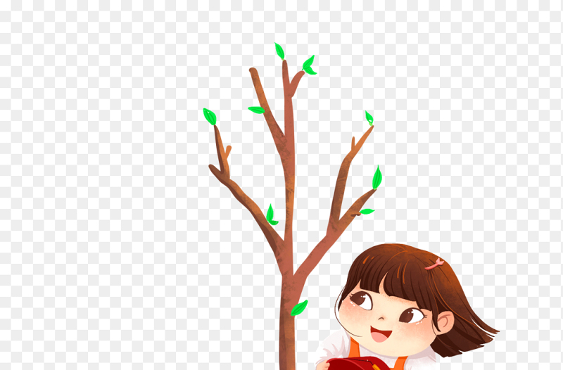 创意插画小女孩植树种植浇水植树节免抠元素素材