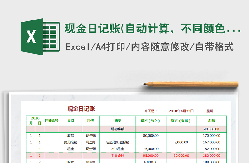 2021年现金日记账(自动计算，不同颜色标记)