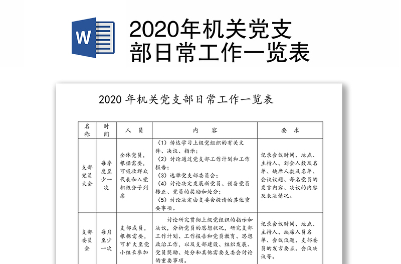 2020年机关党支部日常工作一览表