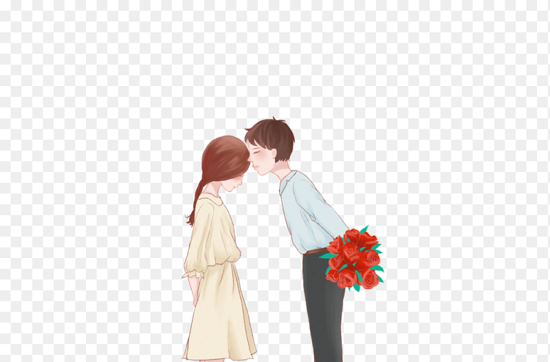 唯美插画风卡通人物情侣亲吻额头送玫瑰花鲜花情人节免抠元素素材