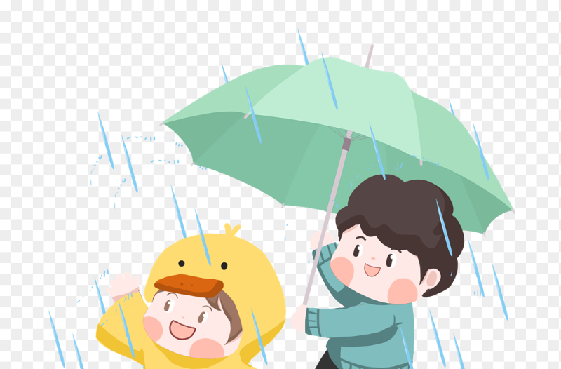 童趣可爱卡通人物雨中撑伞下雨雨水免抠元素素材