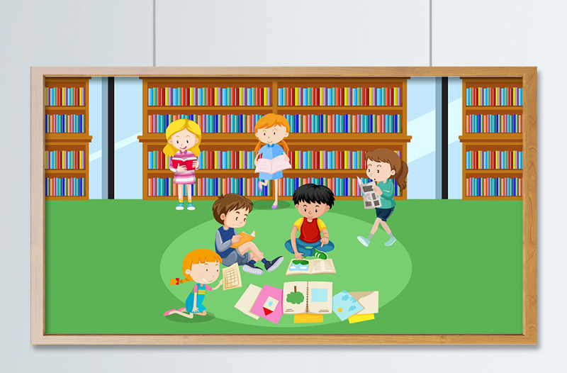 国际扫盲日阅览室读书看报的孩子矢量插画