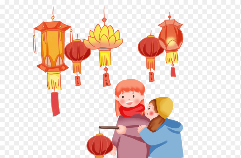 赏花灯卡通人物温馨中国传统节日元宵节免抠元素素材