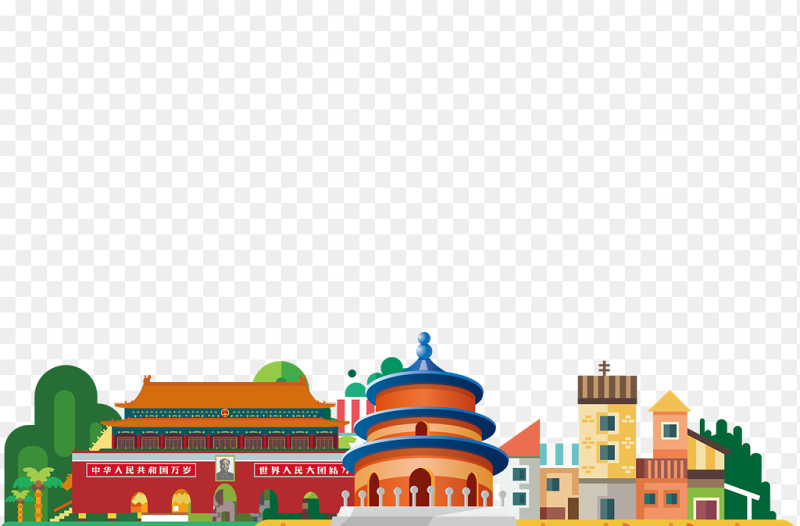 天安门故宫建筑彩色创意手绘插画党政免抠元素素材