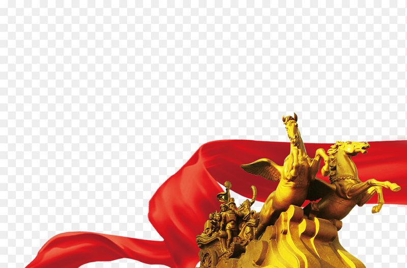 大气金色马匹雕塑红色飘带装饰免抠党政元素素材