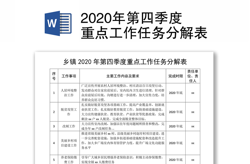 2020年第四季度重点工作任务分解表