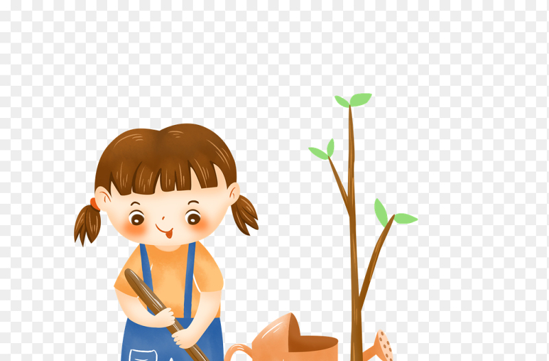 卡通风小女孩植树浇水创意插画植树节免抠元素素材