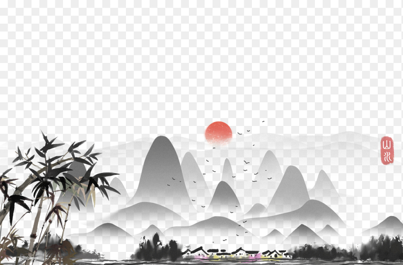 水墨画中国风山河山脉壮丽美景免抠元素素材