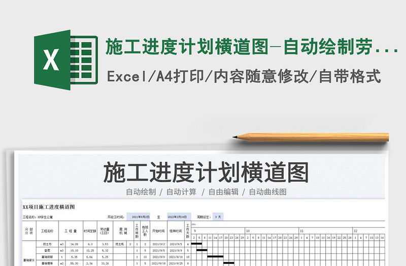 2022施工进度计划横道图-自动绘制劳动力曲线免费下载