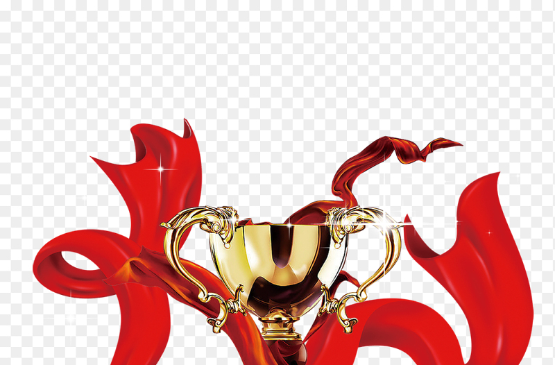 金色奖杯红色丝带飘带装饰免抠元素素材