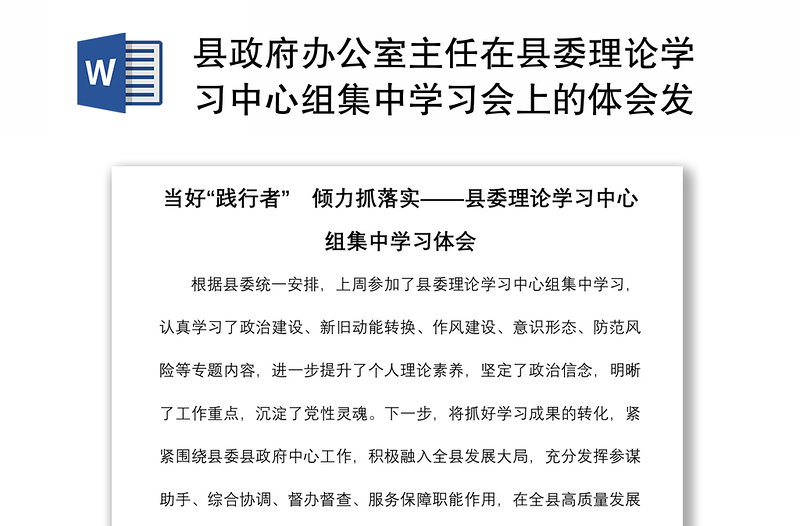 2021县政府办公室主任在县委理论学习中心组集中学习会上的体会发言  当好“践行者”，倾力抓落实