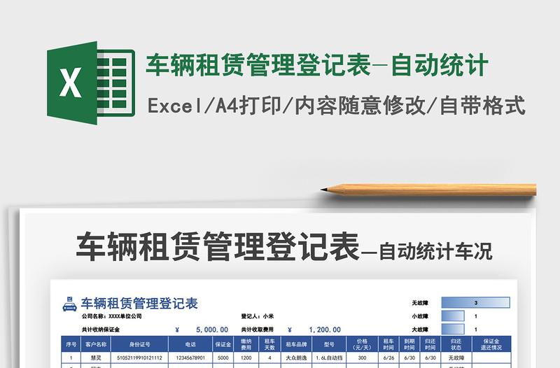 2022车辆租赁管理登记表-自动统计免费下载