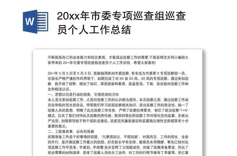 20xx年市委专项巡查组巡查员个人工作总结