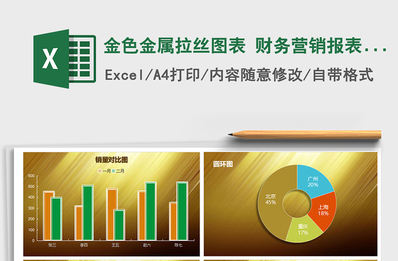 2022年金色金属拉丝图表 财务营销报表金融分析免费下载