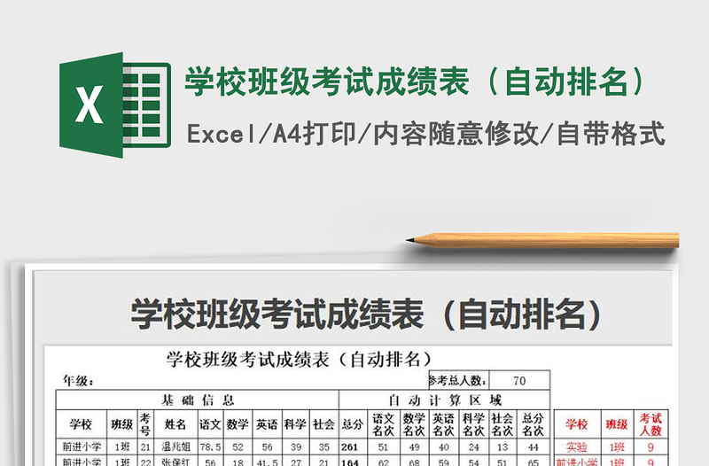 2021年学校班级考试成绩表（自动排名）