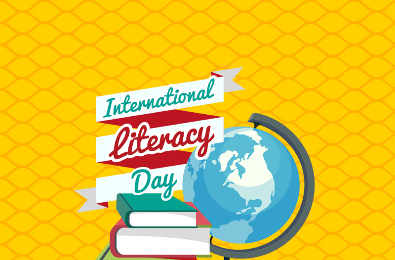 黄色背景与书籍和世界的国际扫盲日