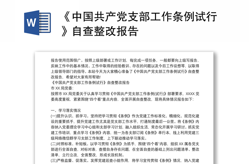 《中国共产党支部工作条例试行》自查整改报告