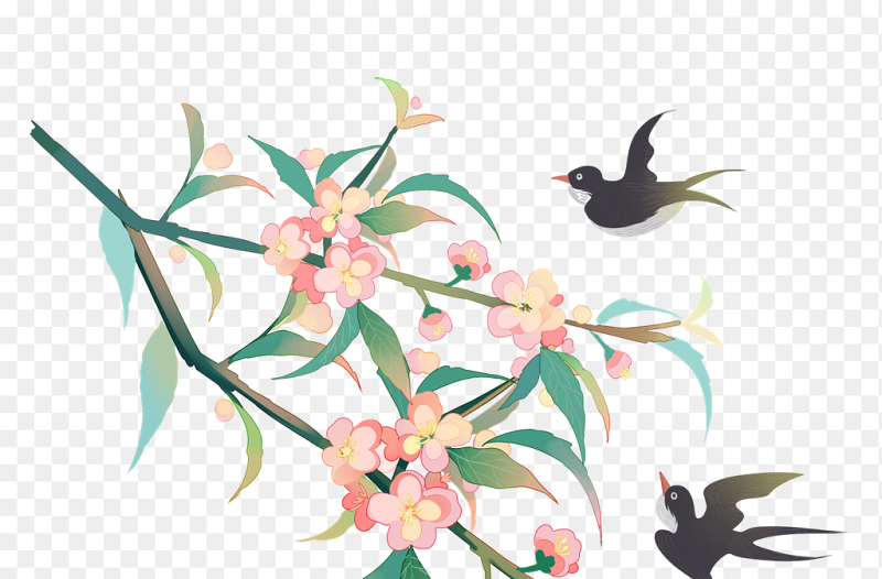 春天春季花枝绿植花朵燕子飞燕装饰免抠元素素材