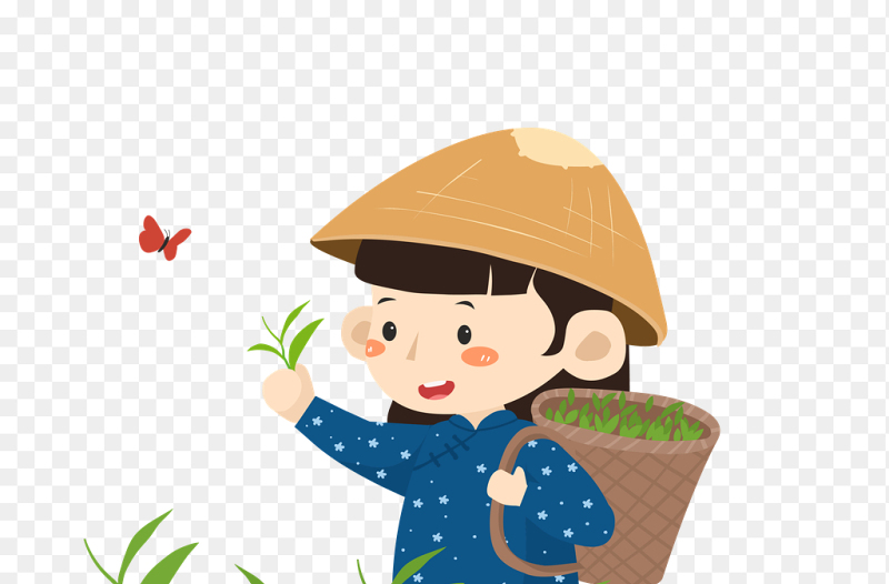 卡通人物小女孩背着罗筐采茶中国传统二十四节气谷雨时节主题素材免抠元素