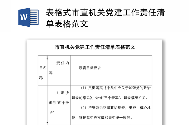 表格式市直机关党建工作责任清单表格范文