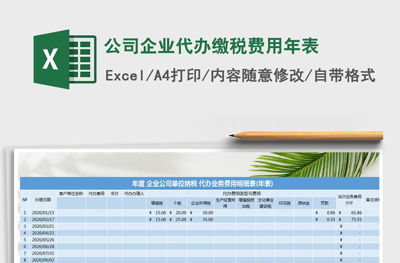2021年公司企业代办缴税费用年表