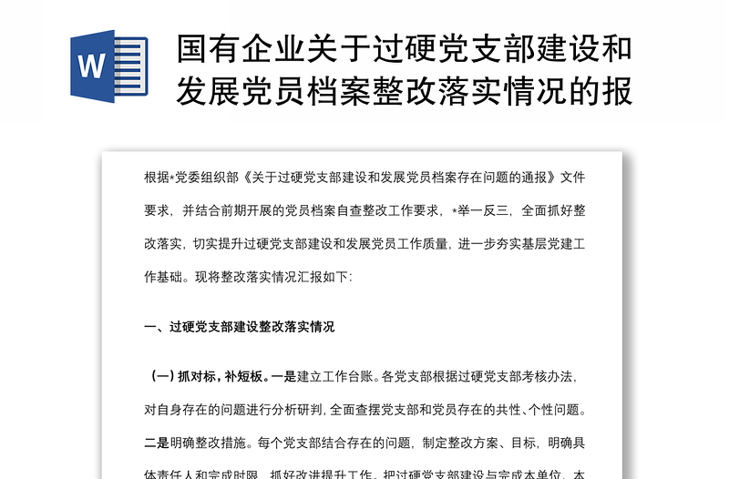 国有企业关于过硬党支部建设和发展党员档案整改落实情况的报告