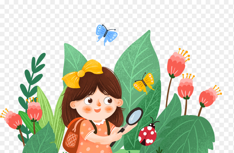 可爱小女孩卡通人物观察发现春植物花草瓢虫蝴蝶昆虫春天春季免抠元素素材