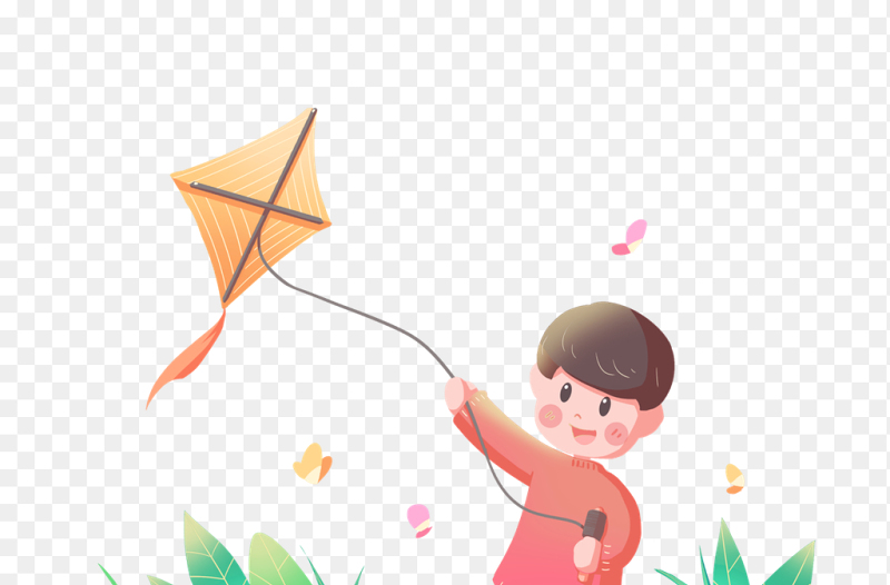 男孩放风筝卡通人物装饰中国传统二十四节气春分时节主题素材免抠元素