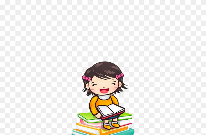 可爱卡通人物小女孩在书堆上快乐阅读免抠元素素材