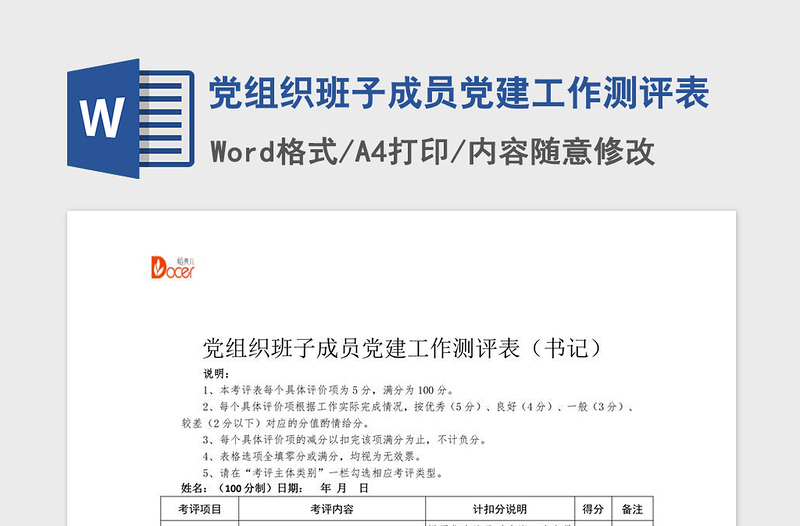 2021年党组织班子成员党建工作测评表