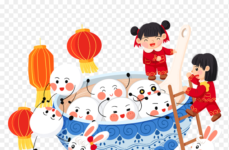 大家一起吃汤圆开开心心过元宵卡通人物吃汤圆中国传统节日元宵节免抠元素素材