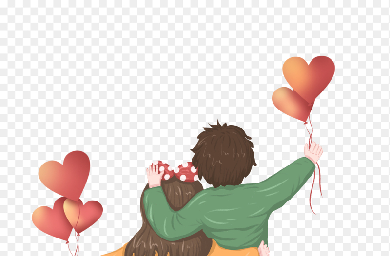 半身卡通风Q版可爱情侣背影手握爱心气球温馨浪漫情人节免抠元素素材