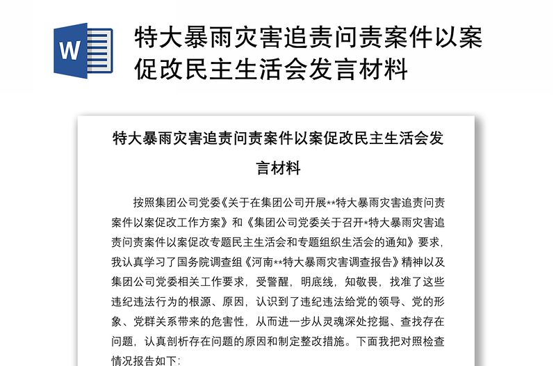 特大暴雨灾害追责问责案件以案促改民主生活会发言材料