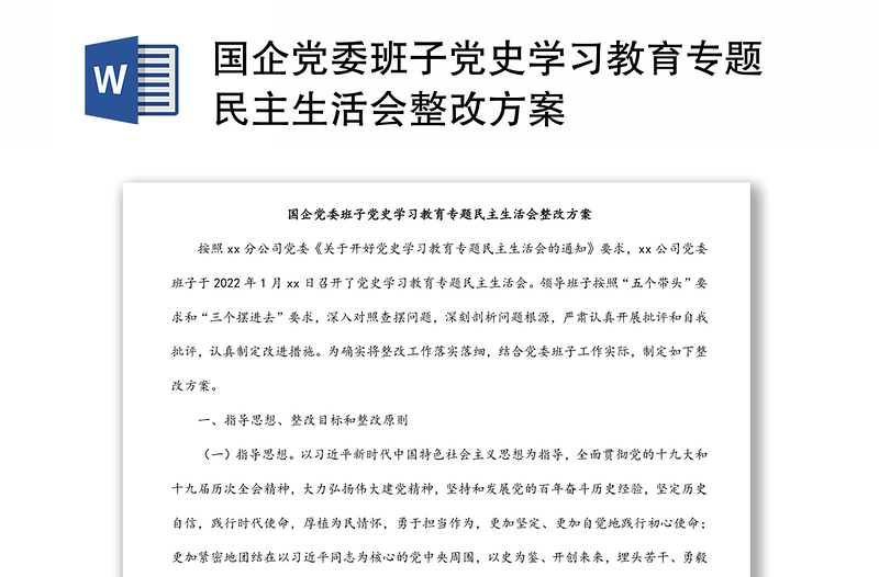 国企党委班子党史学习教育专题民主生活会整改方案