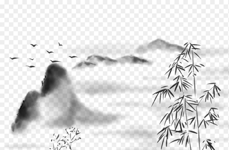 创意中国风水墨画山脉山峰河流小河免抠元素素材