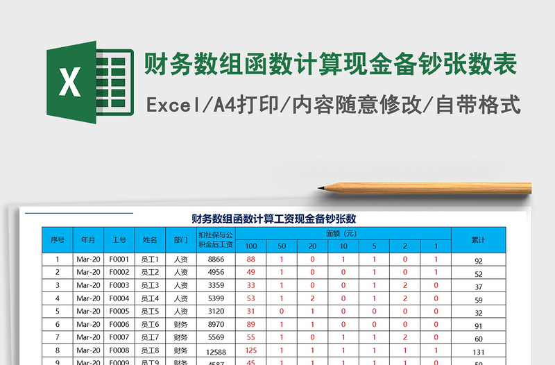 2021年财务数组函数计算现金备钞张数表