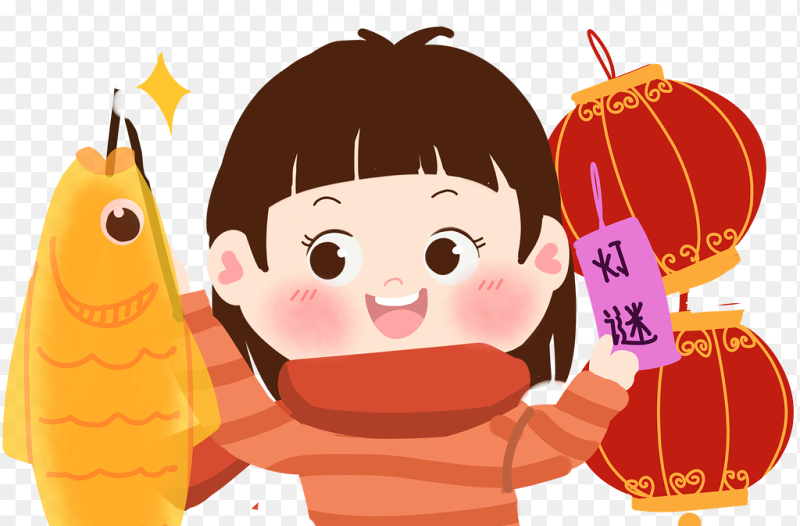 可爱小女孩卡通人物手握灯笼喜庆开心过元宵猜灯谜中国传统节日元宵节免抠元素素材