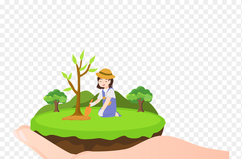 创意插画植树的小女孩植树浇水的小女孩插画风植树节免抠元素素材