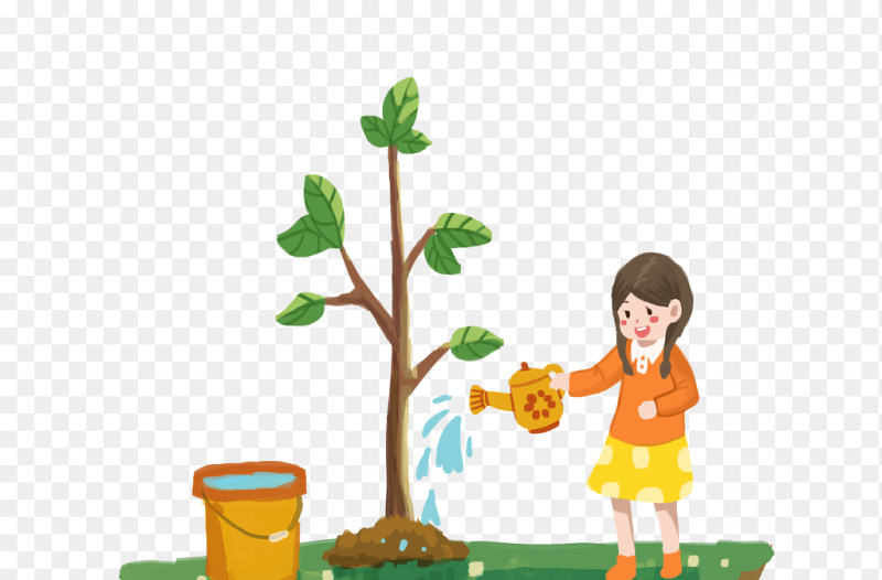 卡通插画植树浇水的小女孩植树节免抠元素素材